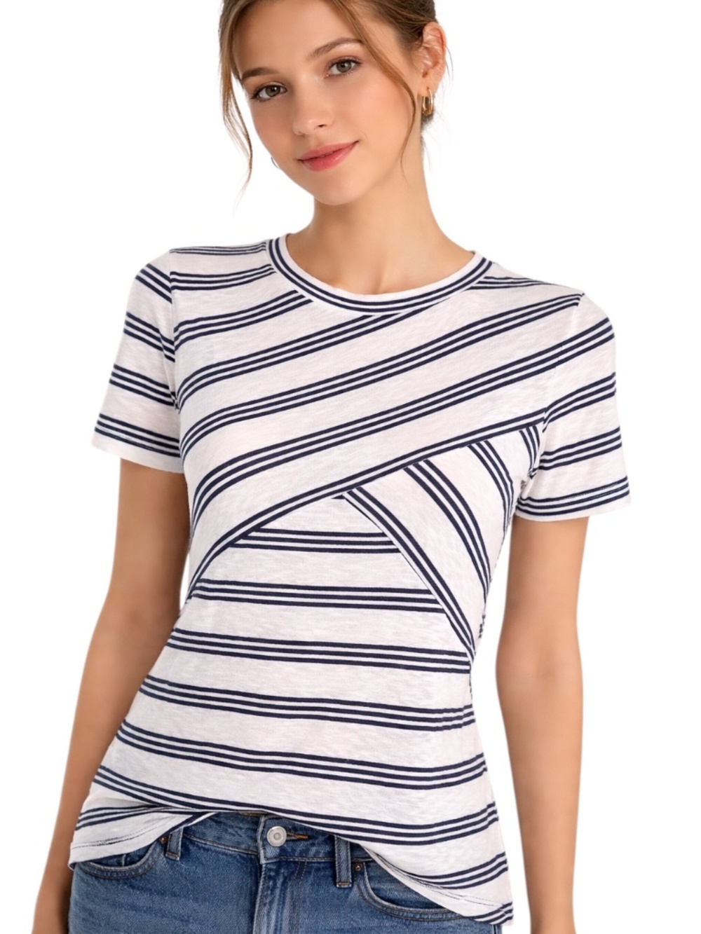 J. Crew Blue White Asymmetrical Stripe Short Sleeve Cotton Tee XS nautical Prep